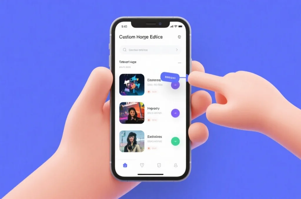移动应用界面展示自定义主页编辑功能，用户拖拽不同娱乐模块进行排列，画面清晰简洁