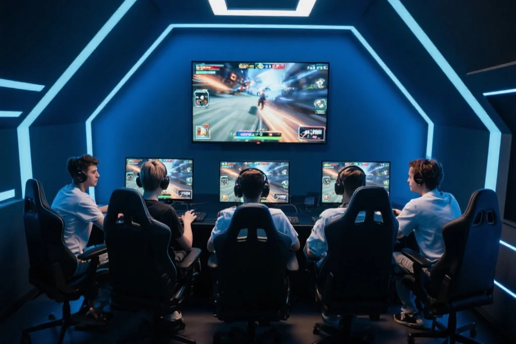 五位年轻玩家在高科技电竞房间内聚精会神地参与团队竞技对战，显示屏上画面激烈